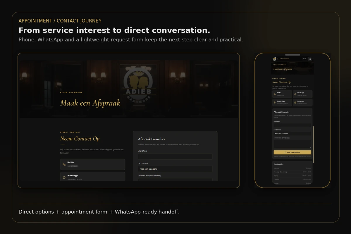 Desktop and mobile contact pages for Adieb Haarmode showing phone, WhatsApp and an appointment request form.