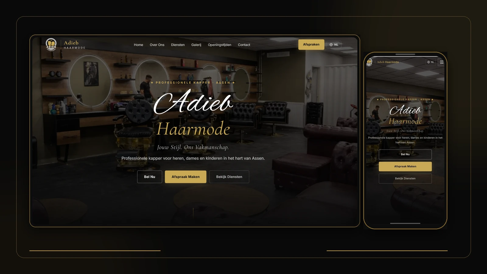 Adieb Haarmode homepage shown on desktop and mobile, featuring the salon interior and appointment calls to action.