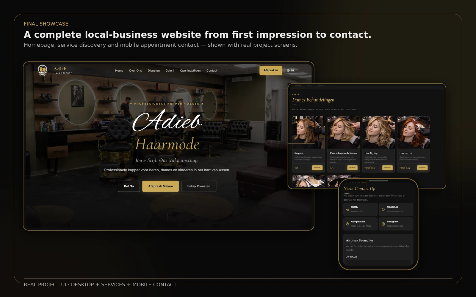 Final Adieb Haarmode showcase combining the desktop homepage, desktop services and mobile appointment contact screen.