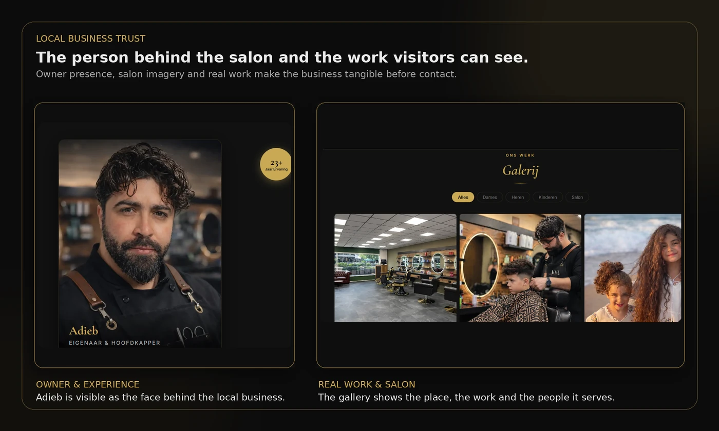 Portrait of Adieb beside the website gallery showing the salon interior, haircut work and children served by the salon.