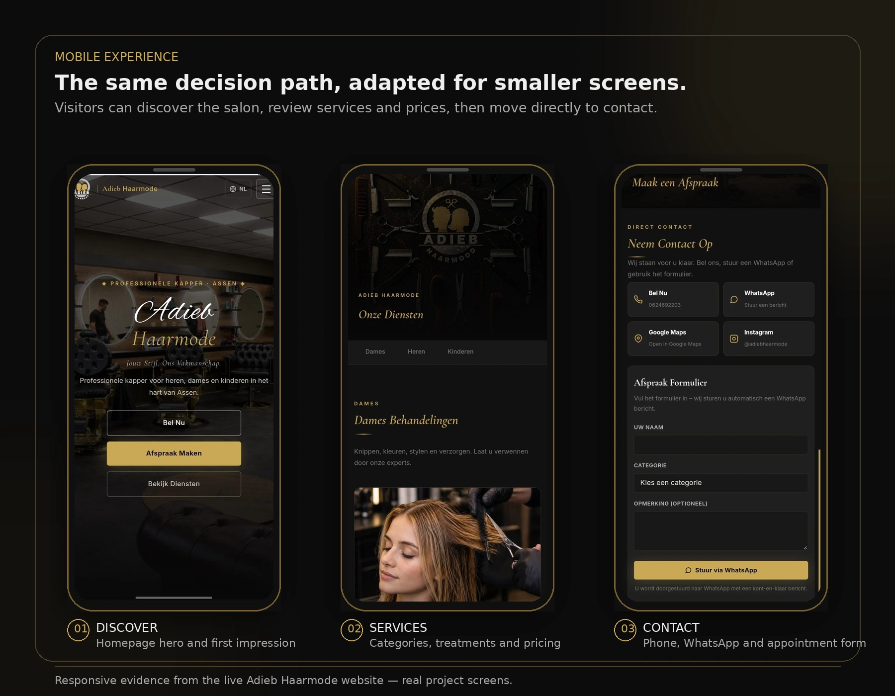 Three mobile views of Adieb Haarmode showing the homepage, services page and appointment contact page.