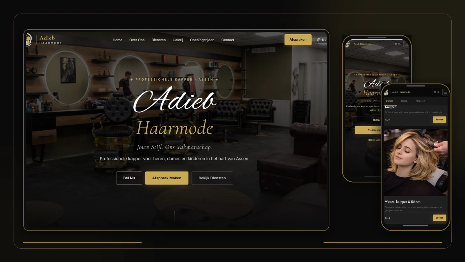 Adieb Haarmode website shown on desktop with two mobile views for the homepage and services.