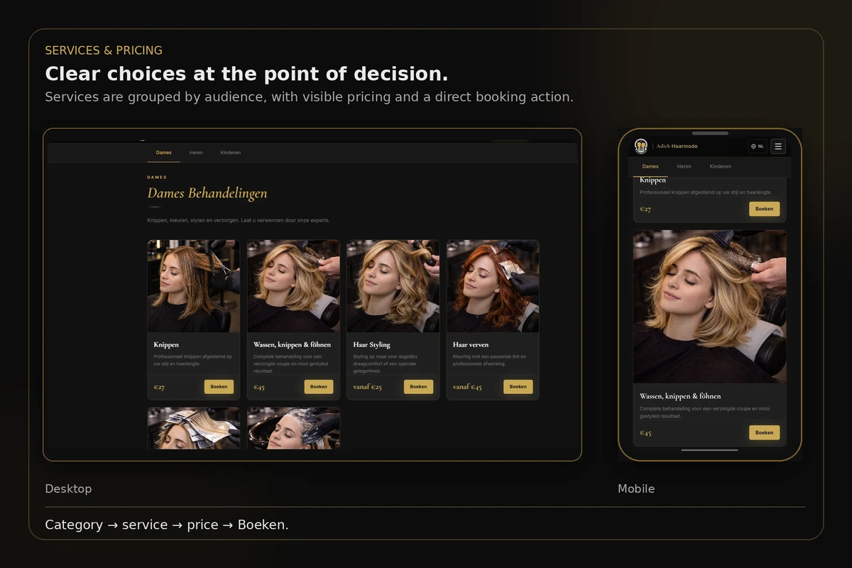 Desktop and mobile views of Adieb Haarmode service cards showing treatments, prices and Boeken buttons.