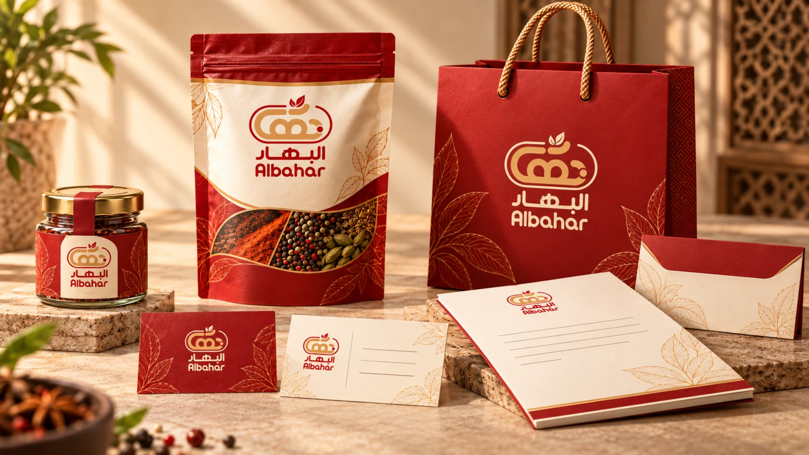 BAHAR brand identity overview with red-and-cream spice packaging, a retail bag, a glass jar, business cards and branded stationery using the official logo and botanical linework.