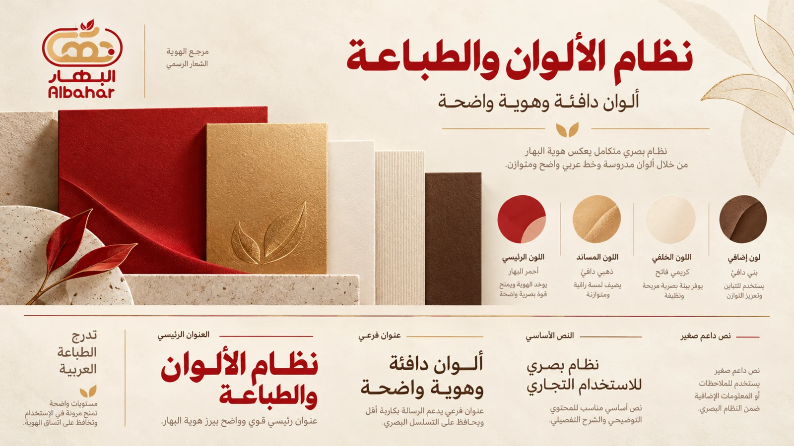 BAHAR color and typography board showing deep red, warm gold, cream and brown surfaces with Arabic heading, subheading, body and small-text hierarchy.