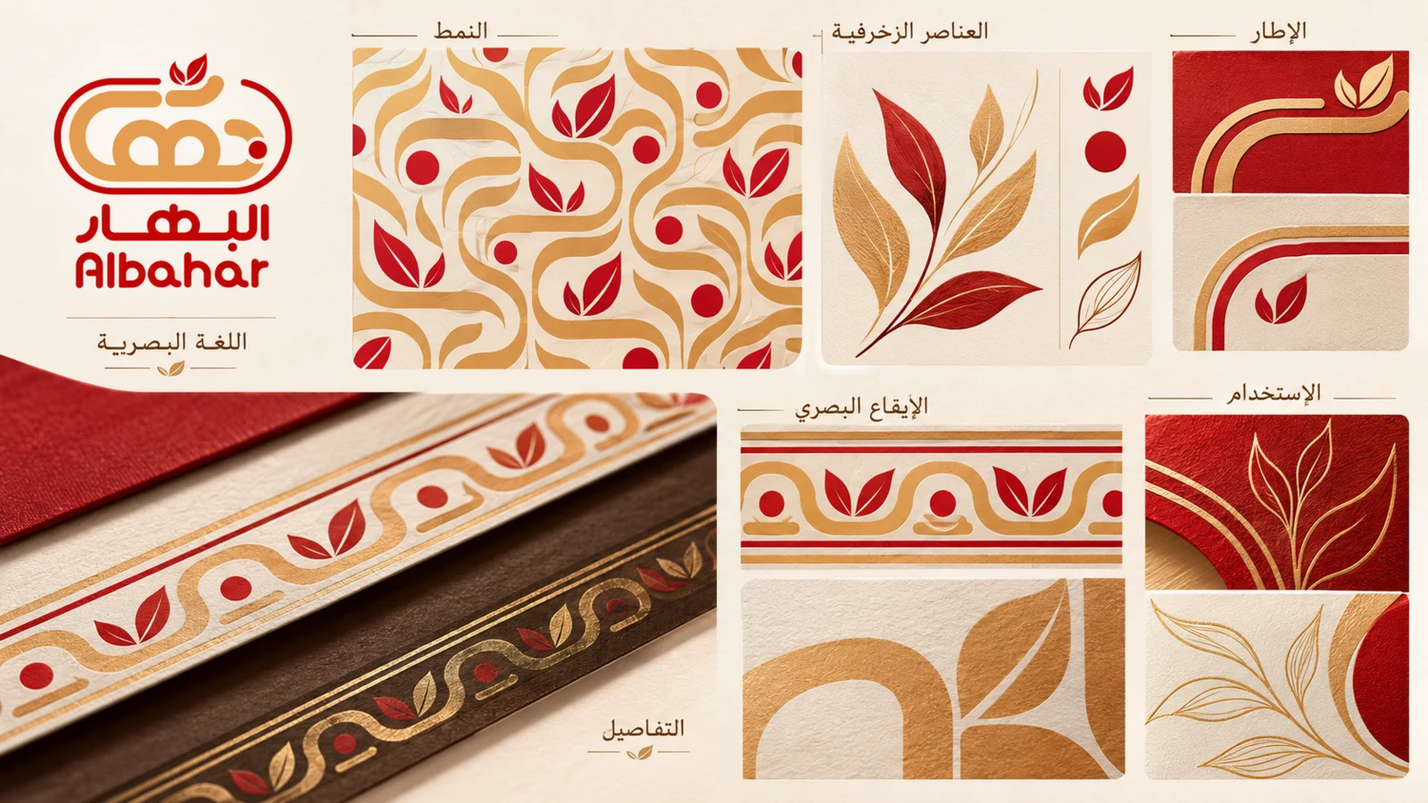 BAHAR graphic-language board with leaf motifs, repeating patterns, curved red-and-gold frames, decorative strips and printed material details.