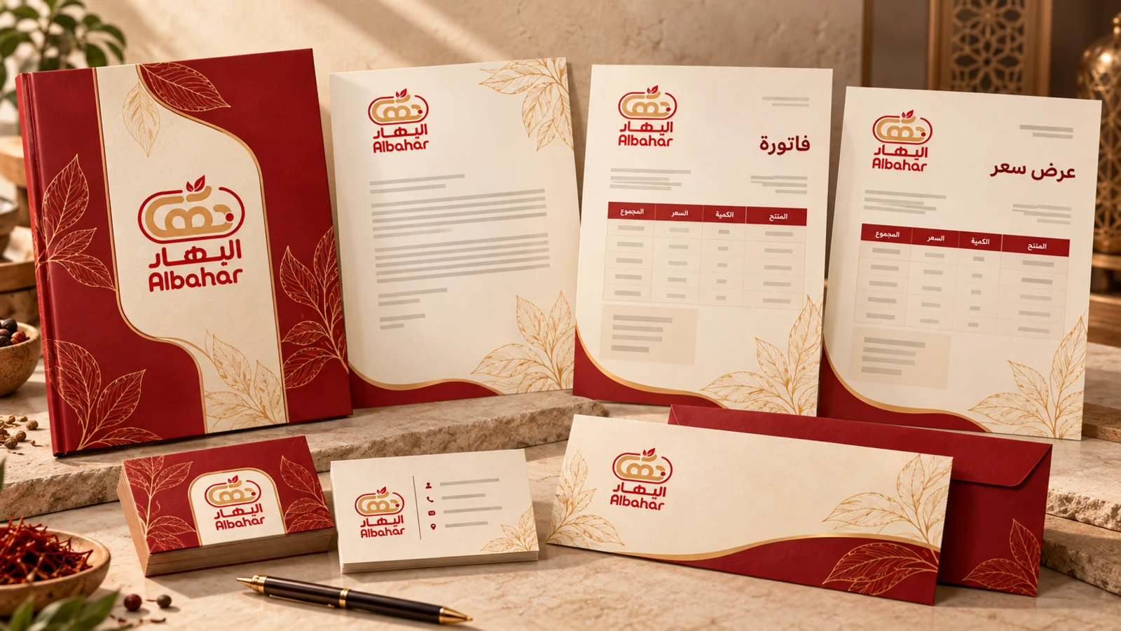 BAHAR business stationery system with a red presentation folder, Arabic invoice and quotation, letterhead, envelope and business cards in cream, red and gold.
