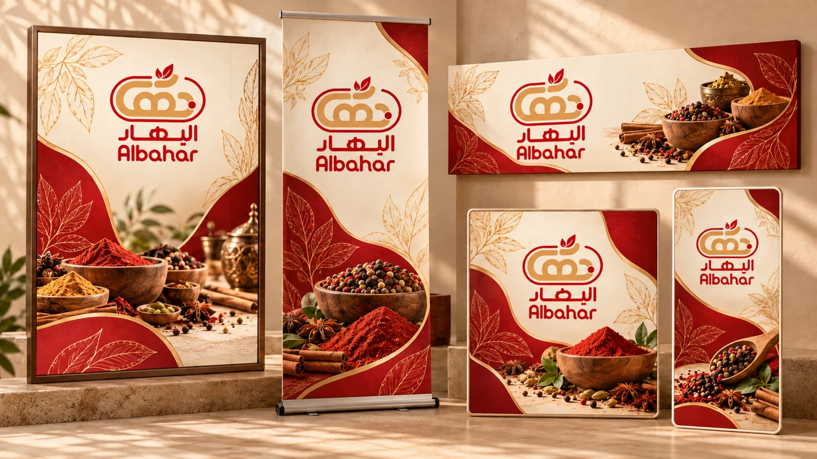 BAHAR marketing applications including a large poster, roll-up display, horizontal banner, square digital design and vertical mobile design using the same red, cream, gold and botanical identity.