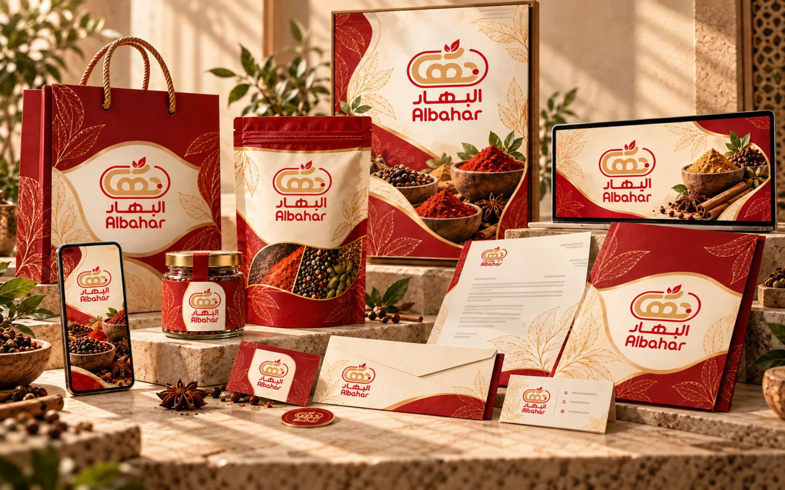 Final BAHAR brand ecosystem with spice packaging, retail bag, jar, poster, laptop and mobile visuals, folder, stationery, envelope and business cards in one coordinated identity.