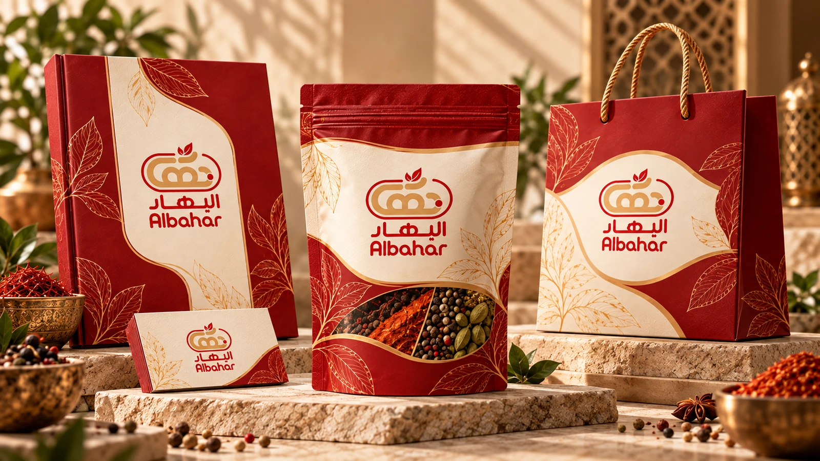 BAHAR brand identity shown across a red-and-cream spice package, retail shopping bag and business card using the official logo and botanical graphic language.
