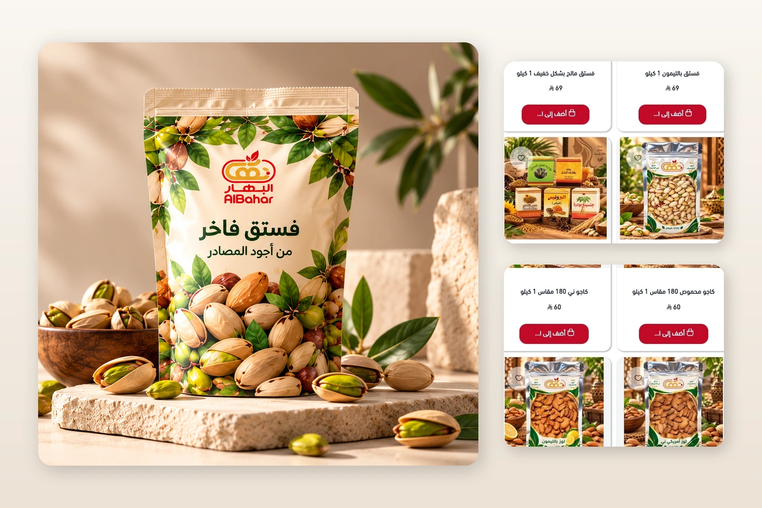 Large BAHAR pistachio product hero beside two real mobile catalogue views containing packaged products and add-to-cart buttons.