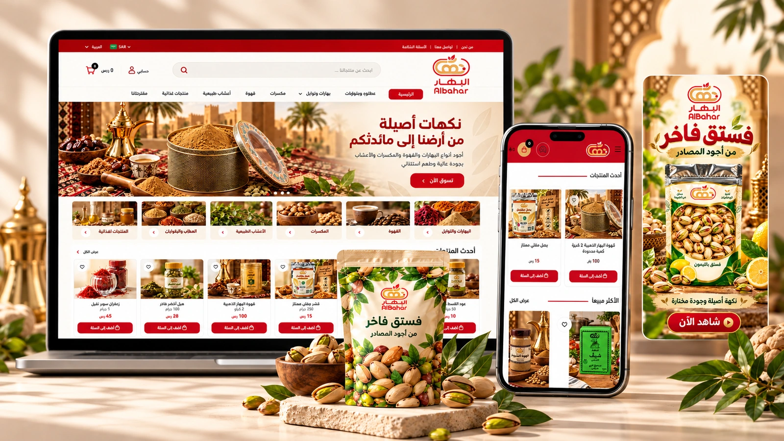 BAHAR digital presence showing the Salla storefront, mobile shopping experience, pistachio product presentation and social media content.