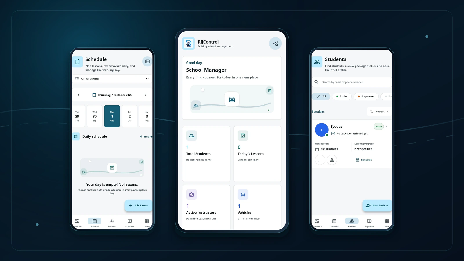 RijControl driving-school management app showing dashboard, schedule, and student management screens.