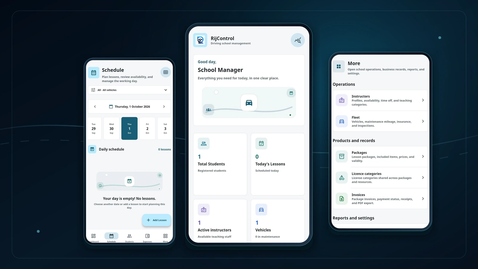 RijControl mobile dashboard presented with supporting planning and management screens.