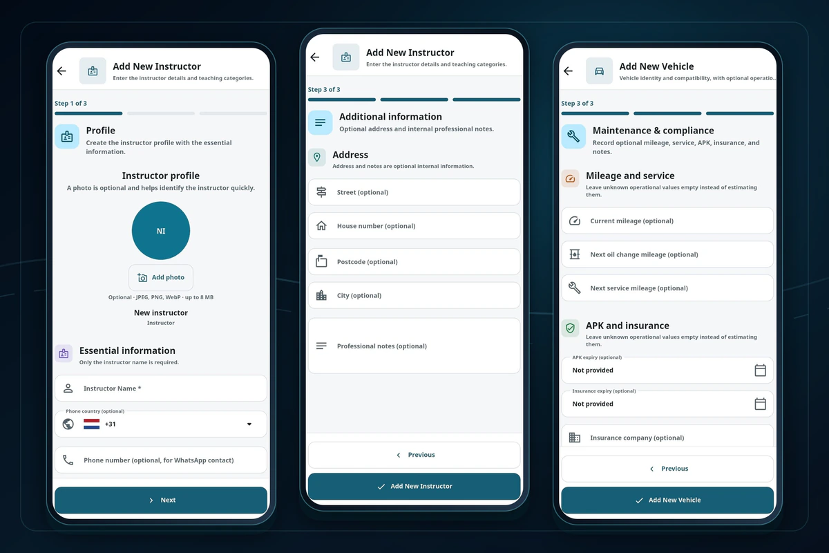 RijControl multi-step forms for adding instructor and vehicle records, including profile and vehicle-specific operational fields.