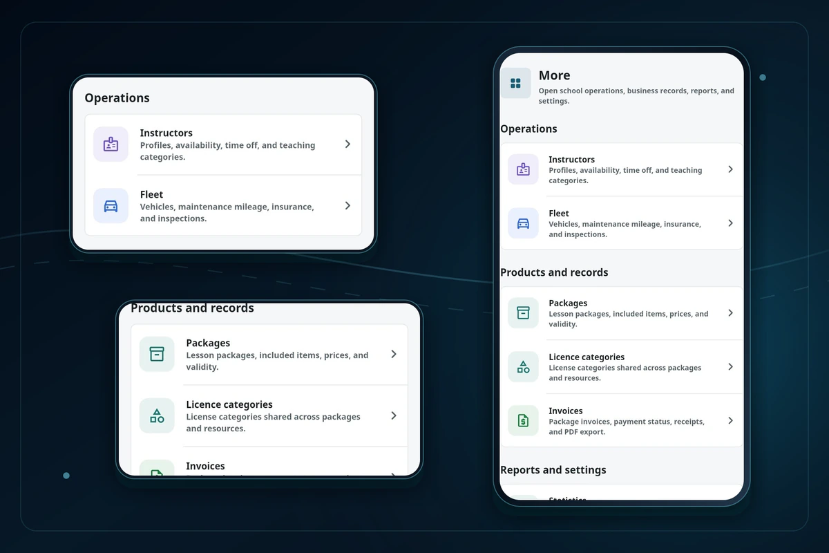 RijControl More screen listing management modules including instructors, fleet, packages, licence categories, invoices, and statistics.