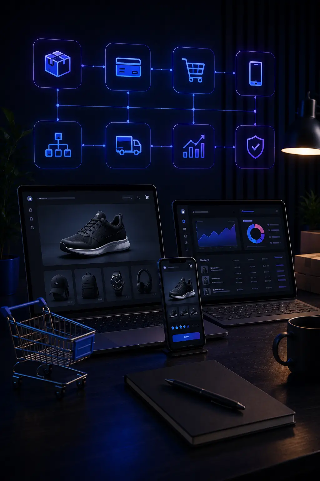 E-commerce deliverables, product pages, checkout, admin panel, and mobile