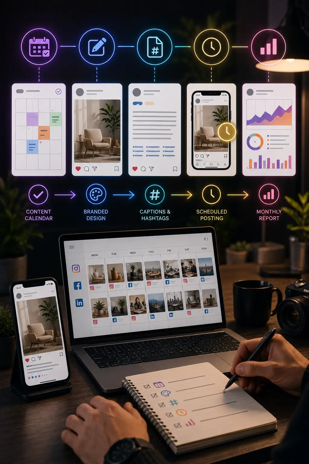 Social media deliverables, content calendar, posts, stories, and monthly reports