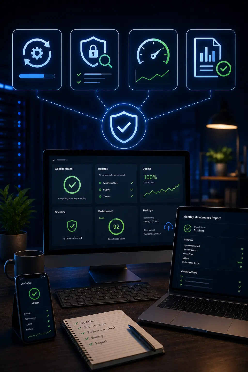 Support and maintenance deliverables, updates, security, monitoring, reporting